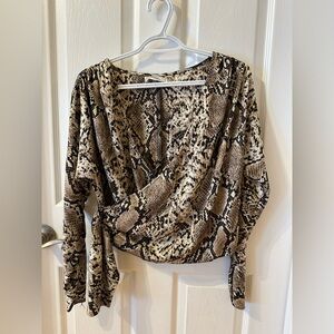 Wrap-Front Snake Print Blouse - Beige/Brown